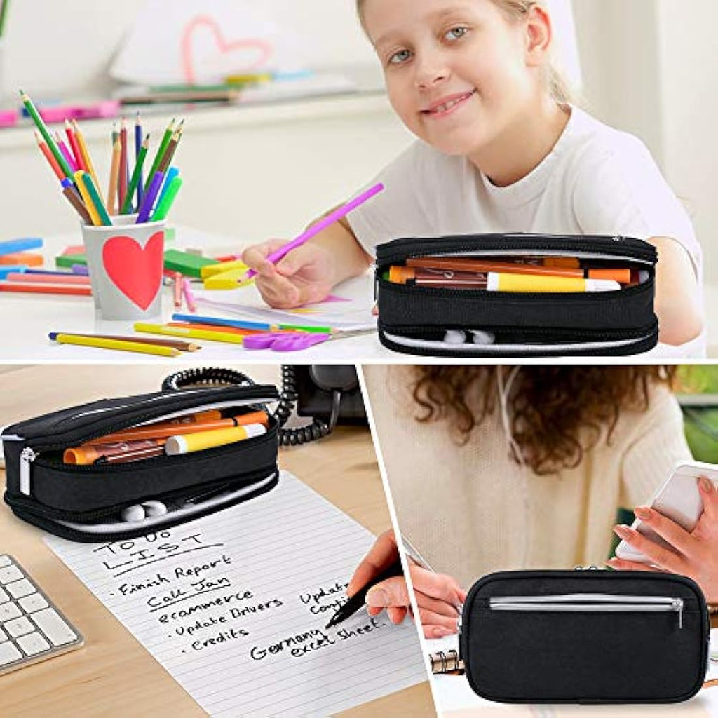 YONZONE Large Capacity Pencil Case | 3 Compartment Oxford Pen Pouch - Black