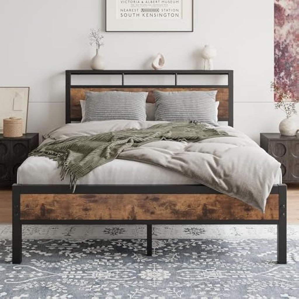 JELUTE Double Metal Platform Bed Frame with Storage Headboard - Black