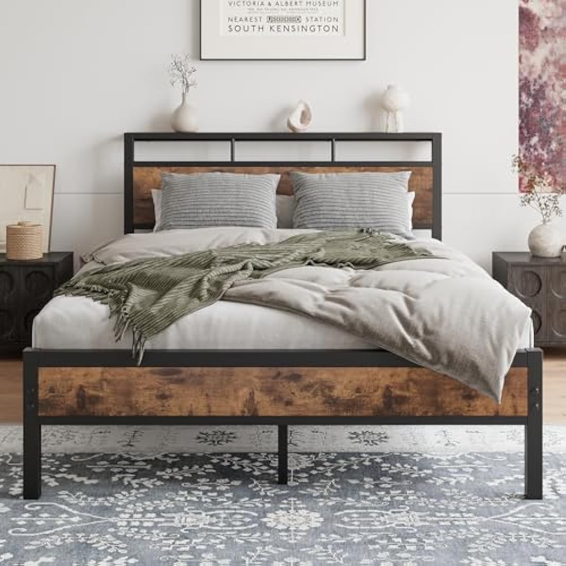 JELUTE Double Metal Platform Bed Frame with Storage Headboard - Black