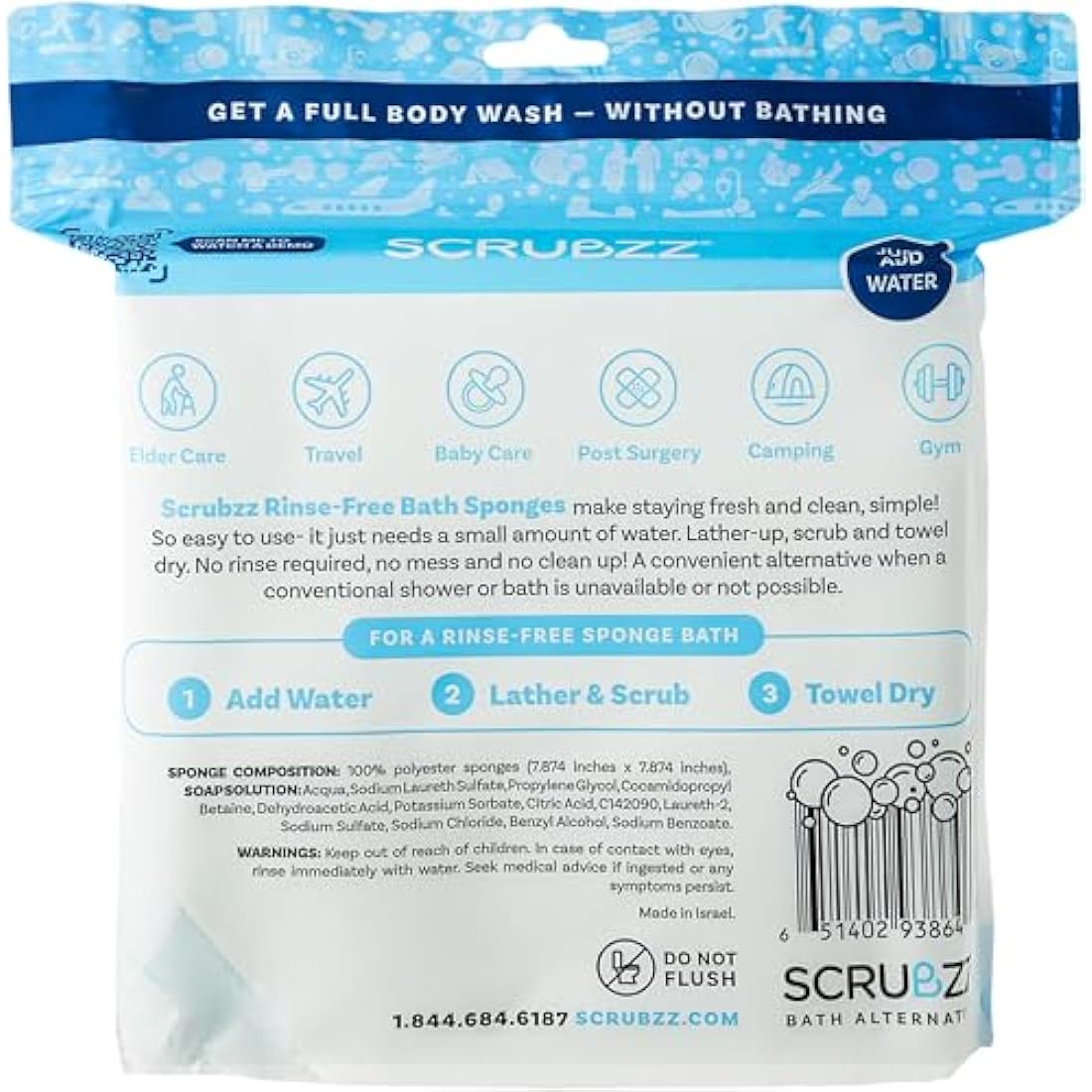 Scrubzz No-Rinse Disposable Bed Bath Wipes | Hypoallergenic 25 Pack
