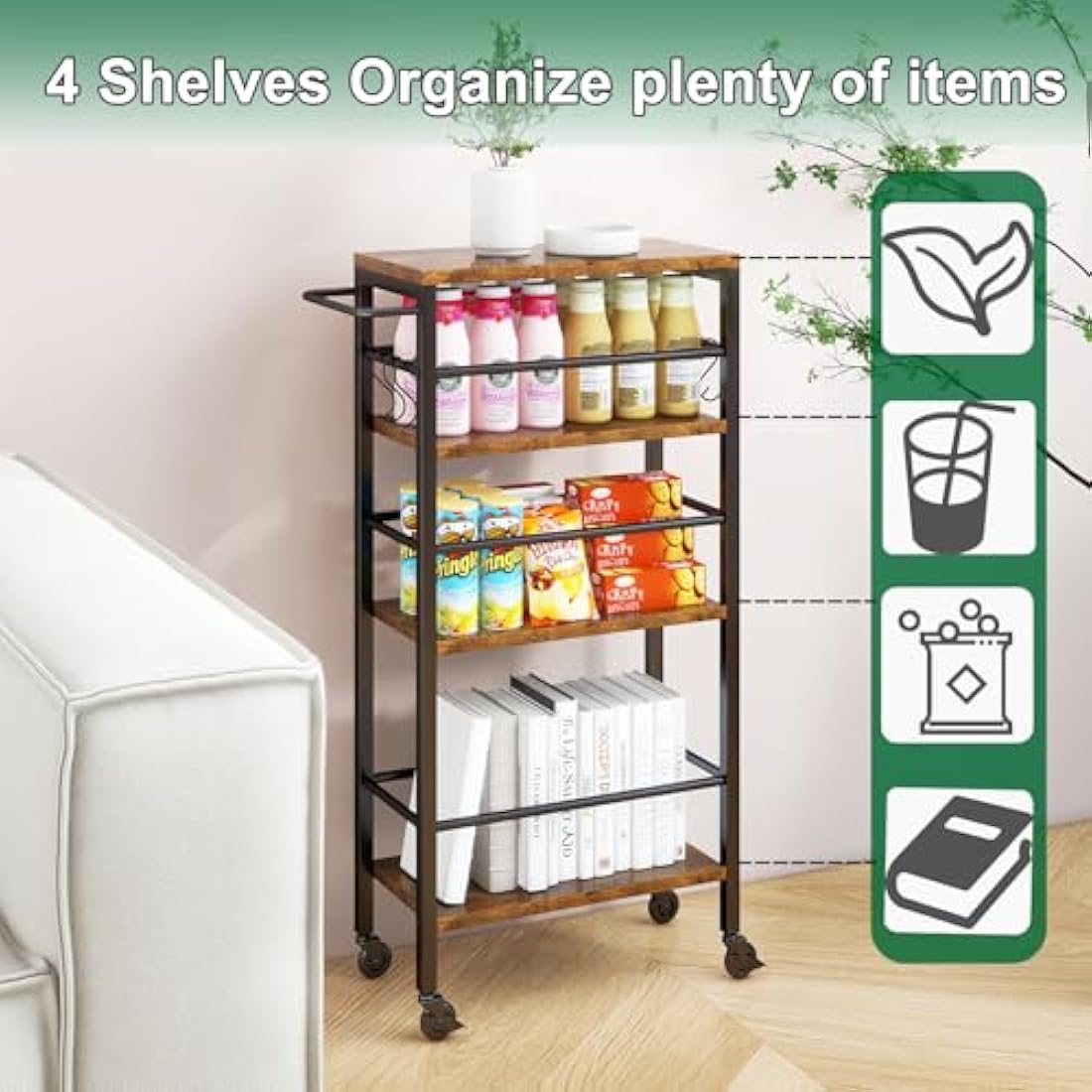 IBUYKE 4-Tier Slim Rolling Cart | Narrow Metal Storage Trolley, Rustic Brown