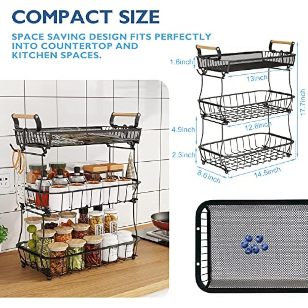 Antopy 3-Tier Fruit Basket with Banana Hangers – Metal Mesh Kitchen Stand