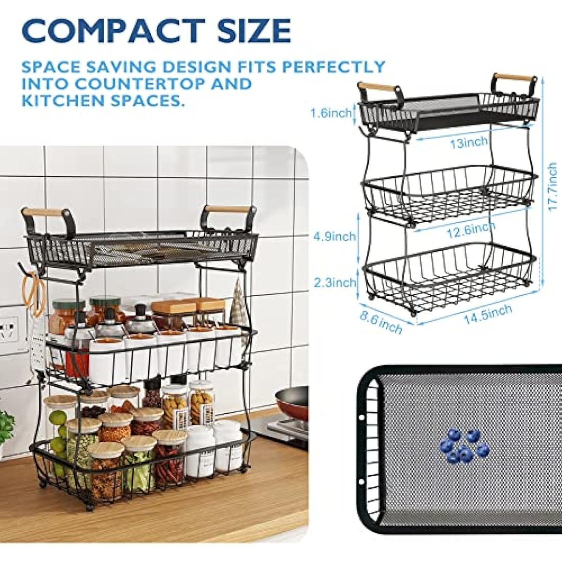 Antopy 3-Tier Fruit Basket with Banana Hangers – Metal Mesh Kitchen Stand
