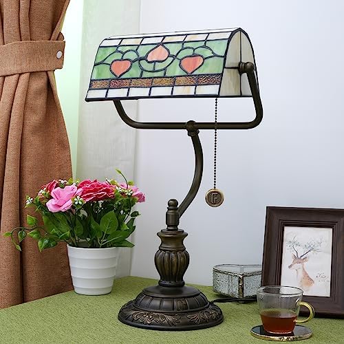 Blivuself Tiffany Style Heart Bankers Lamp | Stained Glass Desk Light
