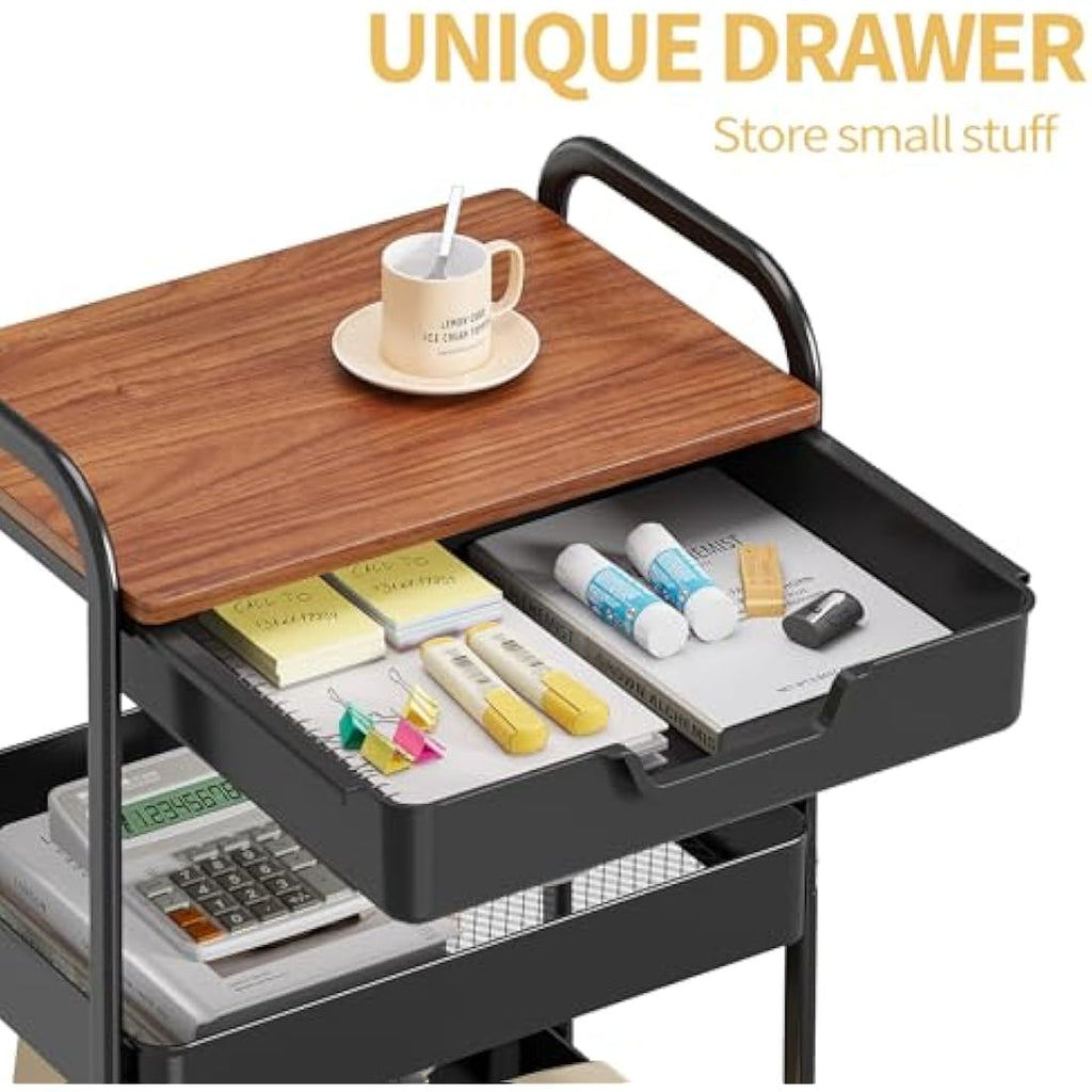 KINGRACK 3-Tier Rolling Utility Cart with Wooden Tabletop | Black