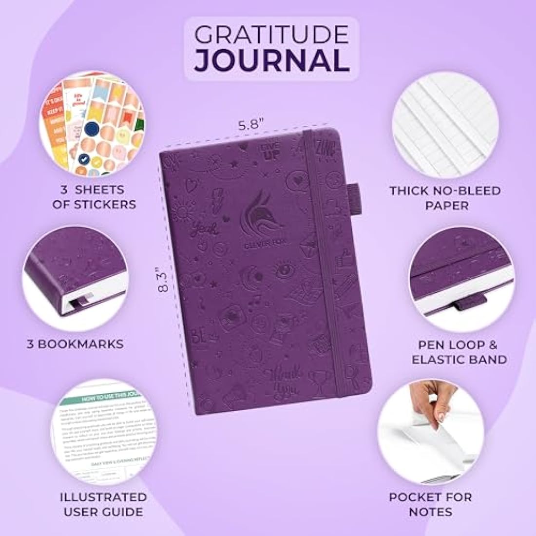 Clever Fox Gratitude Journal – A5 Vegan Leather Daily Notebook, Purple