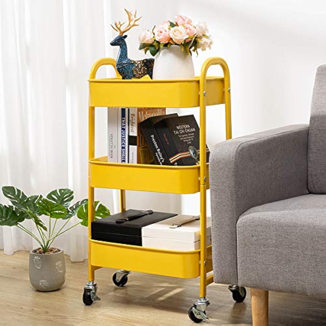 DOEWORKS 3-Tier Metal Rolling Utility Cart – Slim Storage Trolley, Yellow