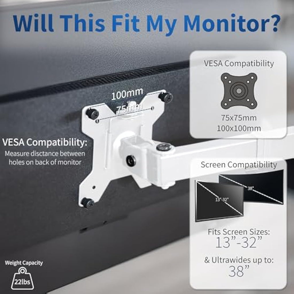 VIVO Single Monitor Arm Mount for 32-38 inch Screens, White | STAND-V001W