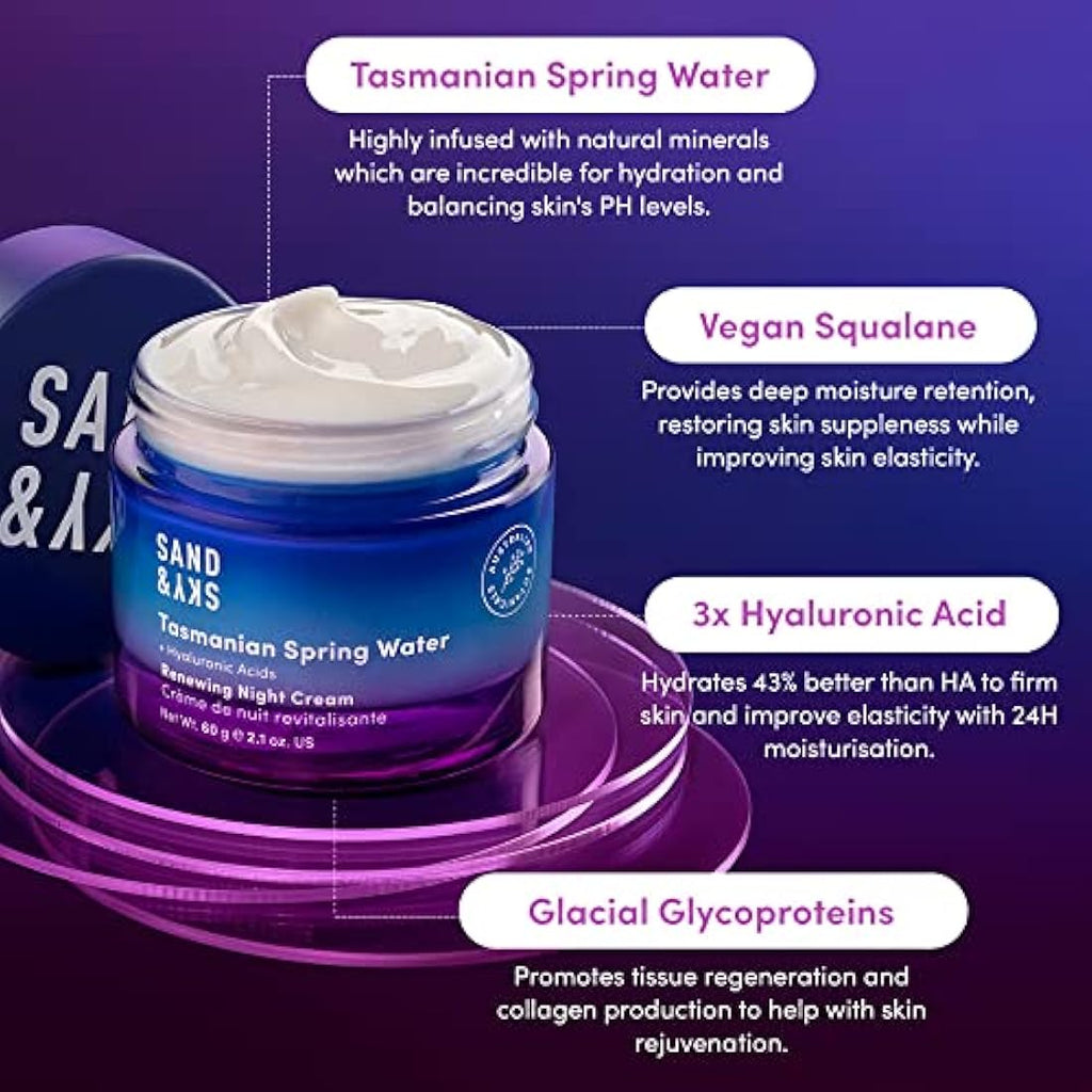 Sand & Sky Tasmanian Spring Water Night Cream | Hyaluronic Acid & Collagen
