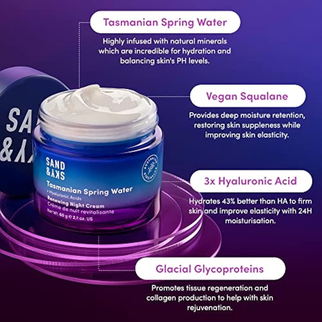 Sand & Sky Tasmanian Spring Water Night Cream | Hyaluronic Acid & Collagen