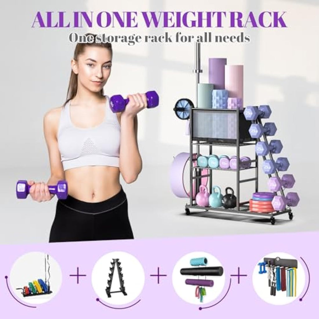 Mythinglogic Dumbbell Rack - Steel Weight Stand with Wheels & Hooks