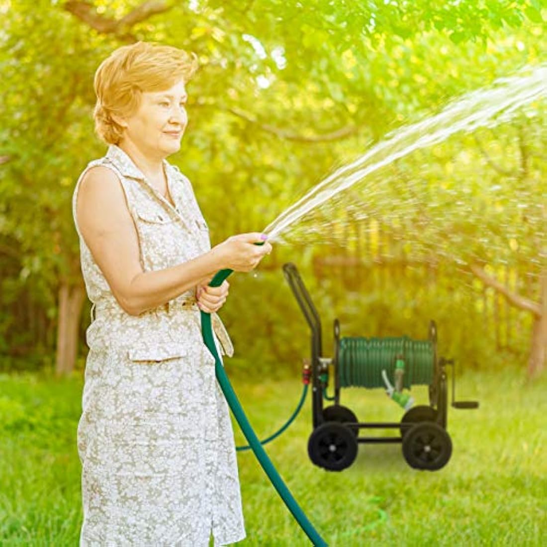 Relaxdays Metal Garden Hose Cart – 4-Wheel Mobile Reel for 60m Hose
