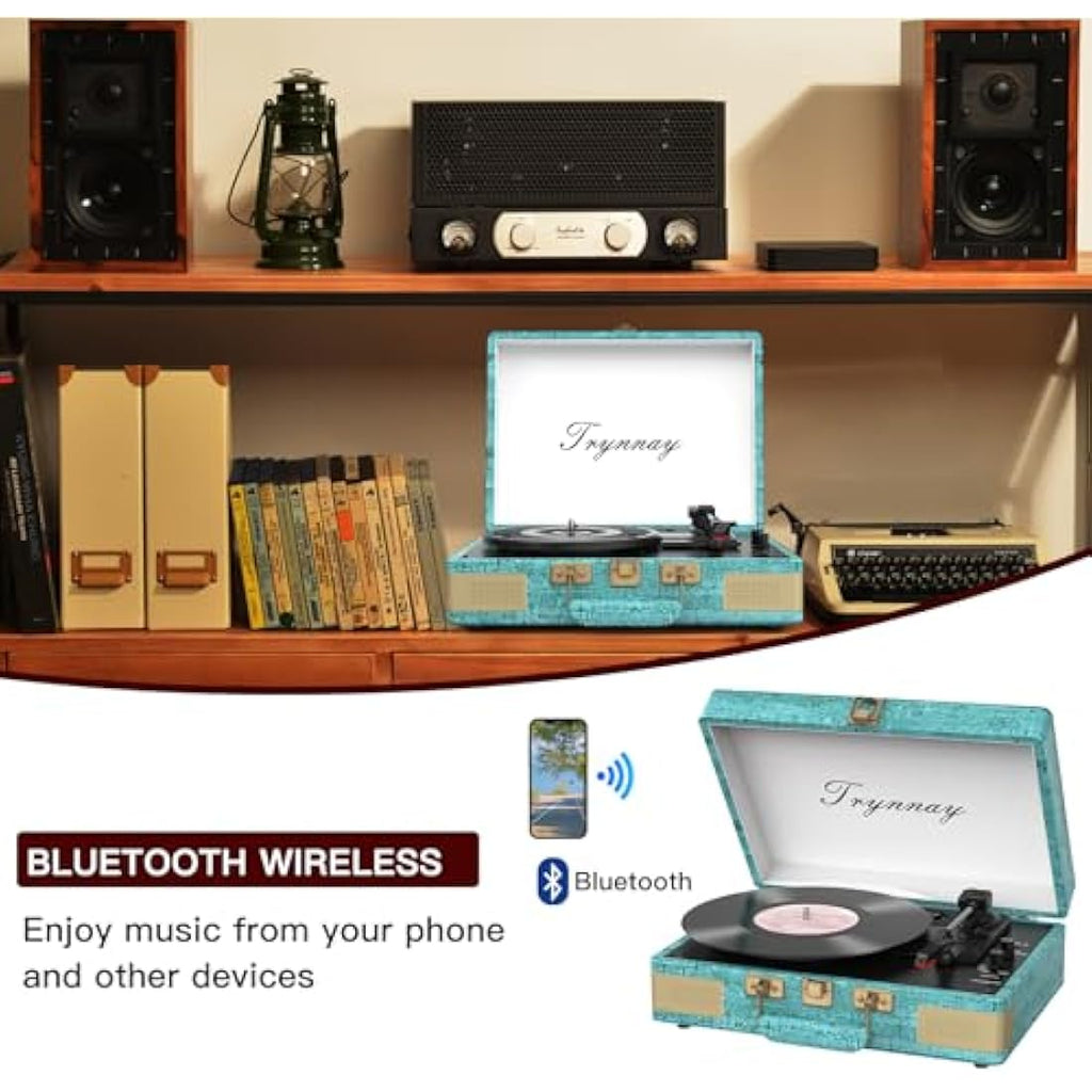 Trynnay Portable Suitcase Record Player | 3-Speed Bluetooth Turntable