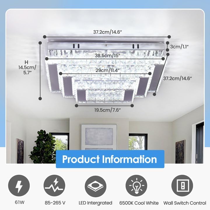 Finktonglan 15” Square Crystal LED Flush Mount Ceiling Light – 6500K
