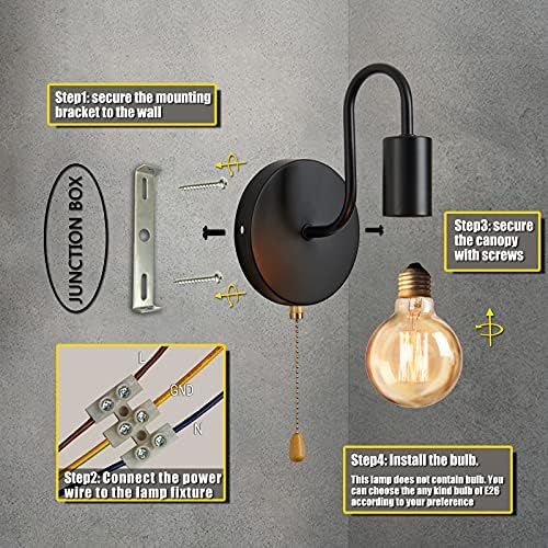 Industrial Wall Sconces | Retro Metal Pull Cord Lamp 2-Pack