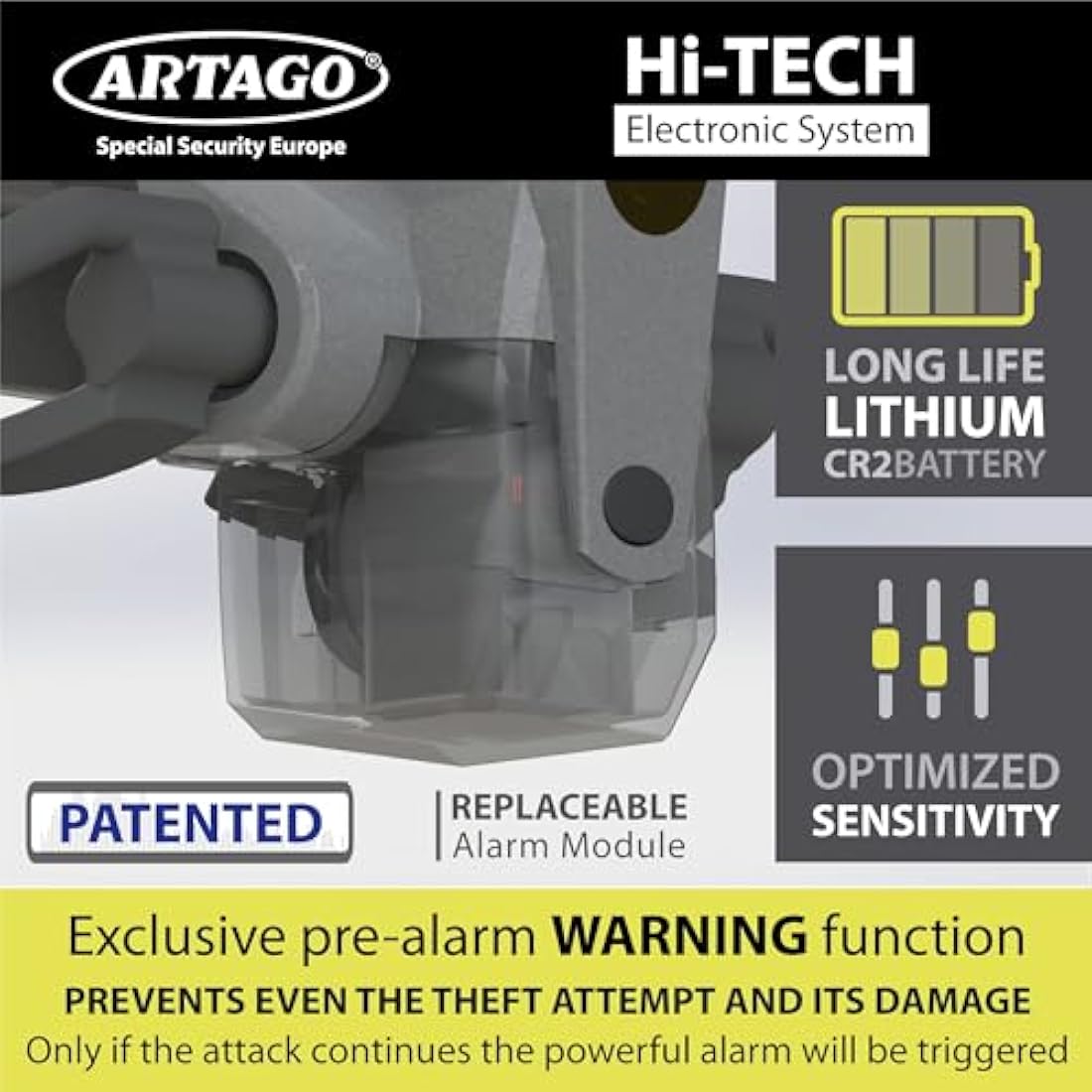 ARTAGO 870 Steering Wheel Lock – 120dB Alarm & Pre-Alarm Anti-Theft