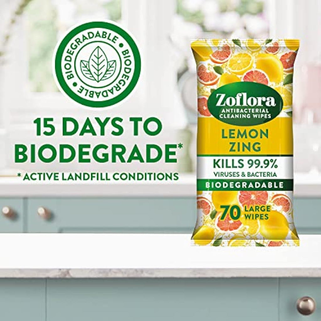 Zoflora Lemon Zing Biodegradable Antibacterial Wipes | 6 x 70 Pack