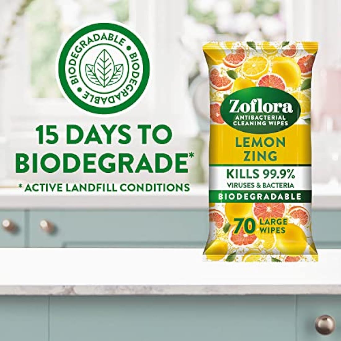 Zoflora Lemon Zing Biodegradable Antibacterial Wipes | 6 x 70 Pack