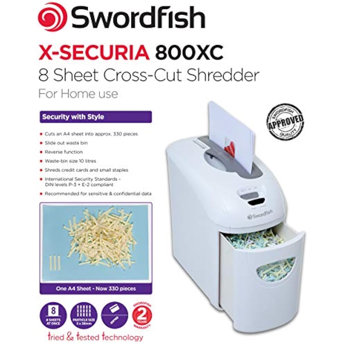Swordfish X-Securia 800XC 8-Sheet Cross-Cut Paper Shredder – White
