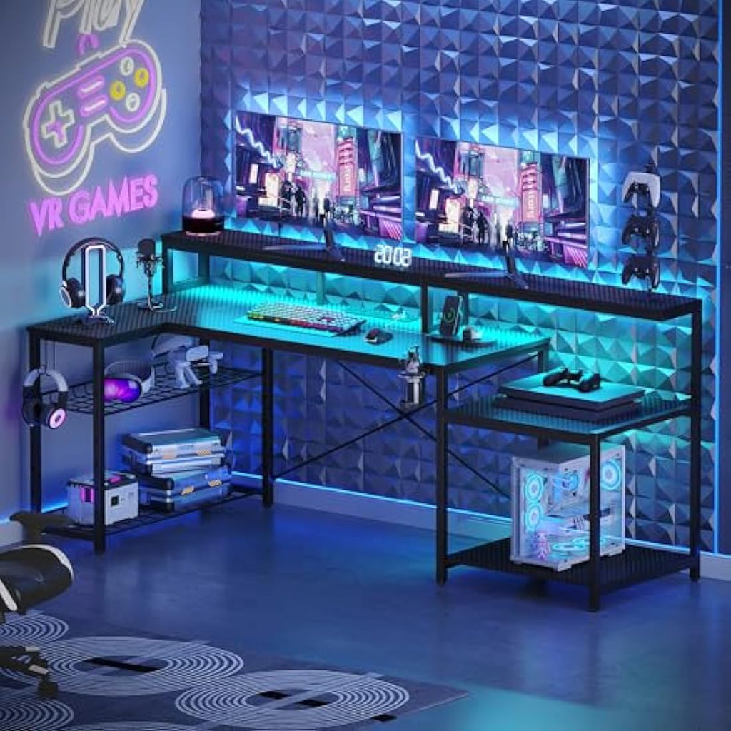 Bestier L-Shaped Gaming Desk with RGB LED Lights and Power Outlets