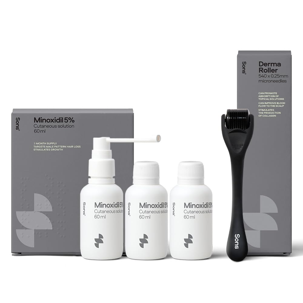 Sons Minoxidil 5% Spray (3x60ml) & 0.25mm Dermaroller Hair Regrowth Kit