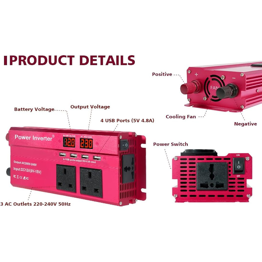 LVYUAN 850W Power Inverter 12V to 240V AC Car Converter with 4 USB