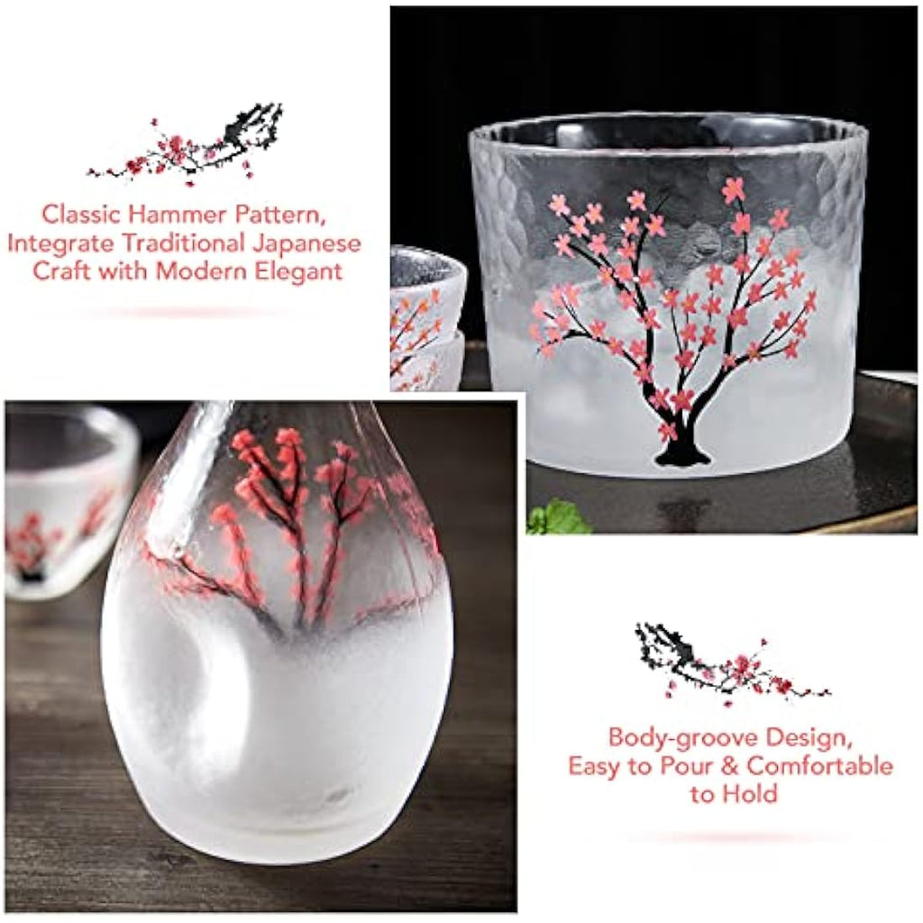 DUJUST Japanese Sake Set for 4 | Hand-Painted Pink Cherry Blossom Glass
