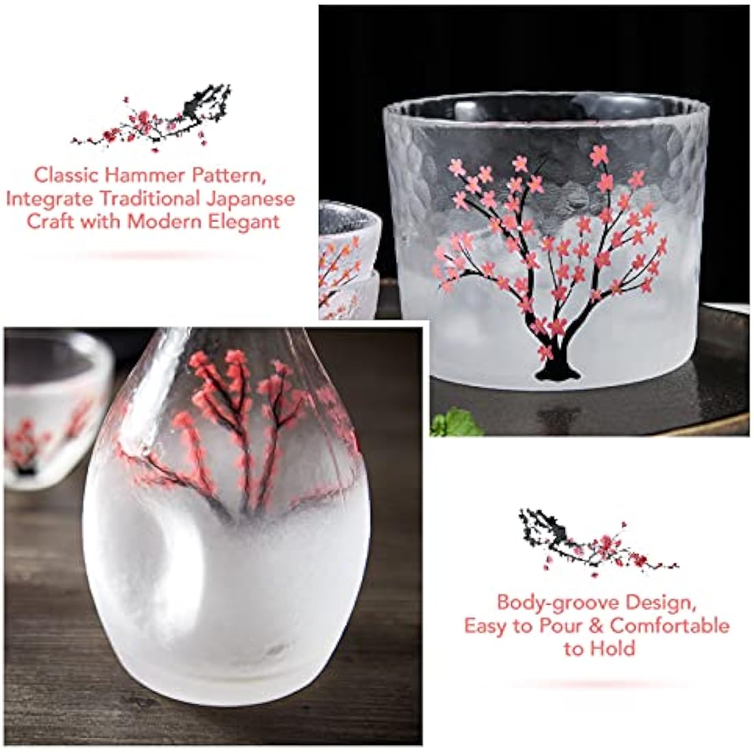 DUJUST Japanese Sake Set for 4 | Hand-Painted Pink Cherry Blossom Glass