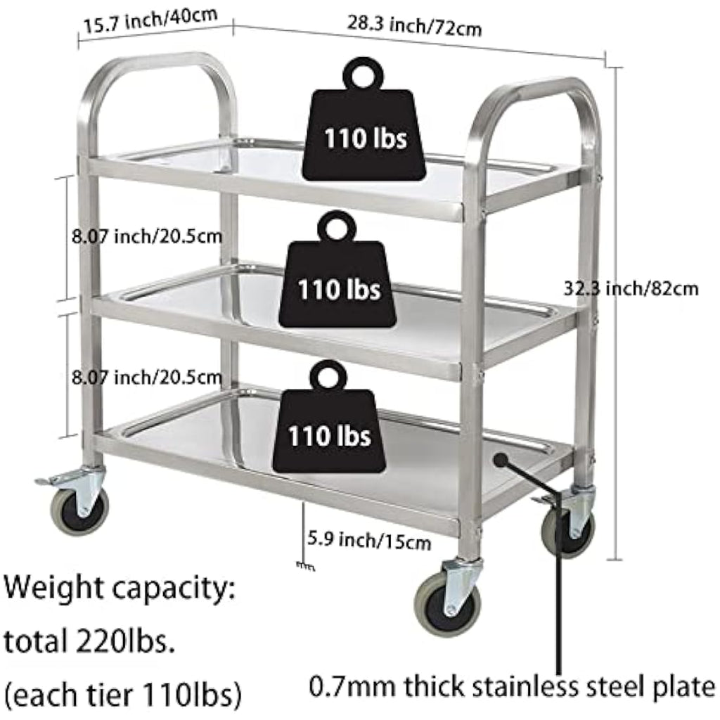 3-Tier Stainless Steel Serving Trolley – Rolling Utility Cart