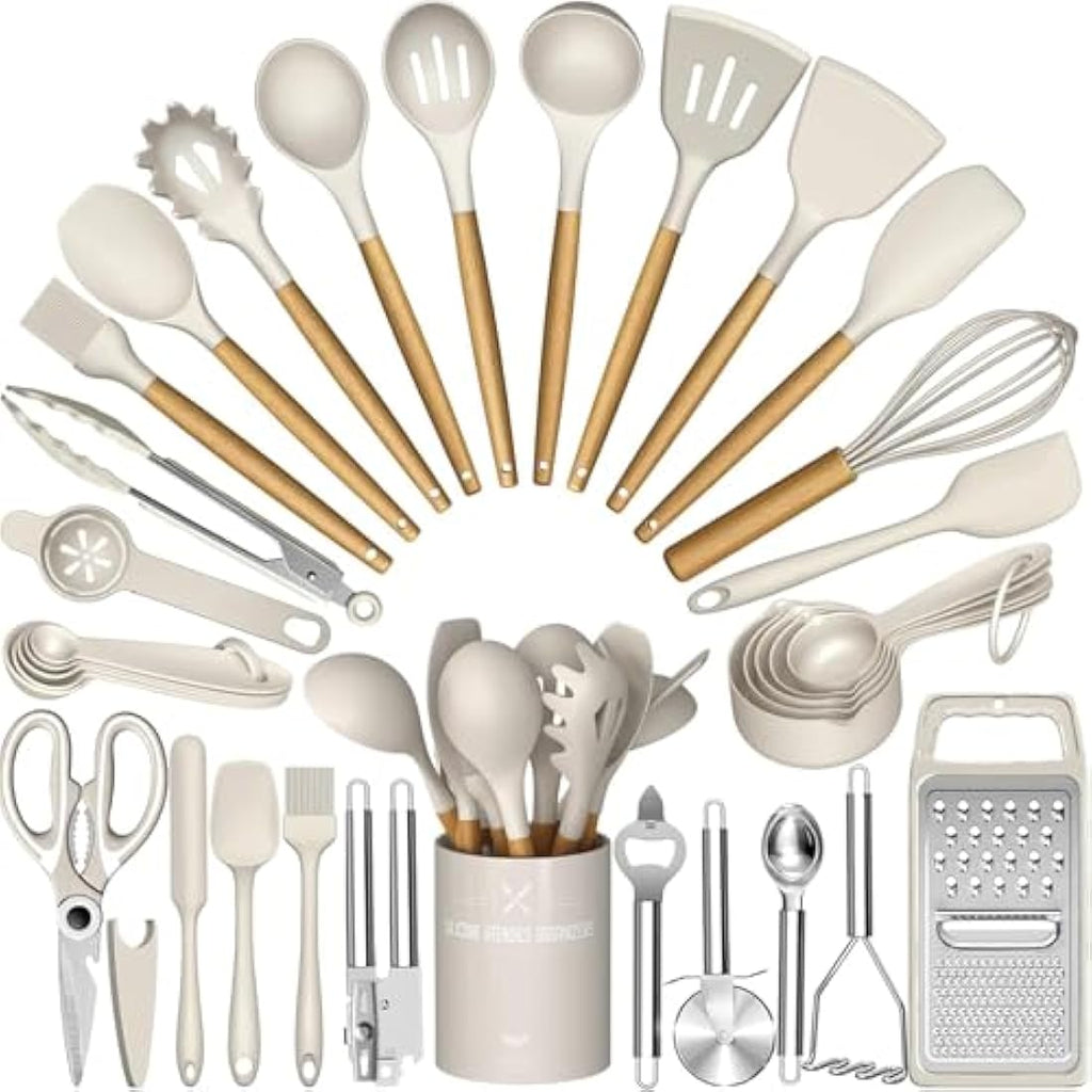 Terlulu 34-Piece Silicone Kitchen Utensils Set with Wooden Handles, Khaki