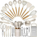 Terlulu 34-Piece Silicone Kitchen Utensils Set with Wooden Handles, Khaki