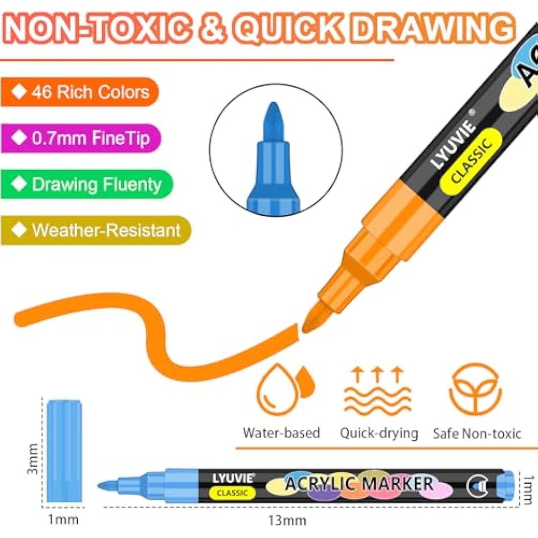 Lyuvie 100 Color Acrylic Paint Pens | 0.7mm Extra Fine Tip Markers