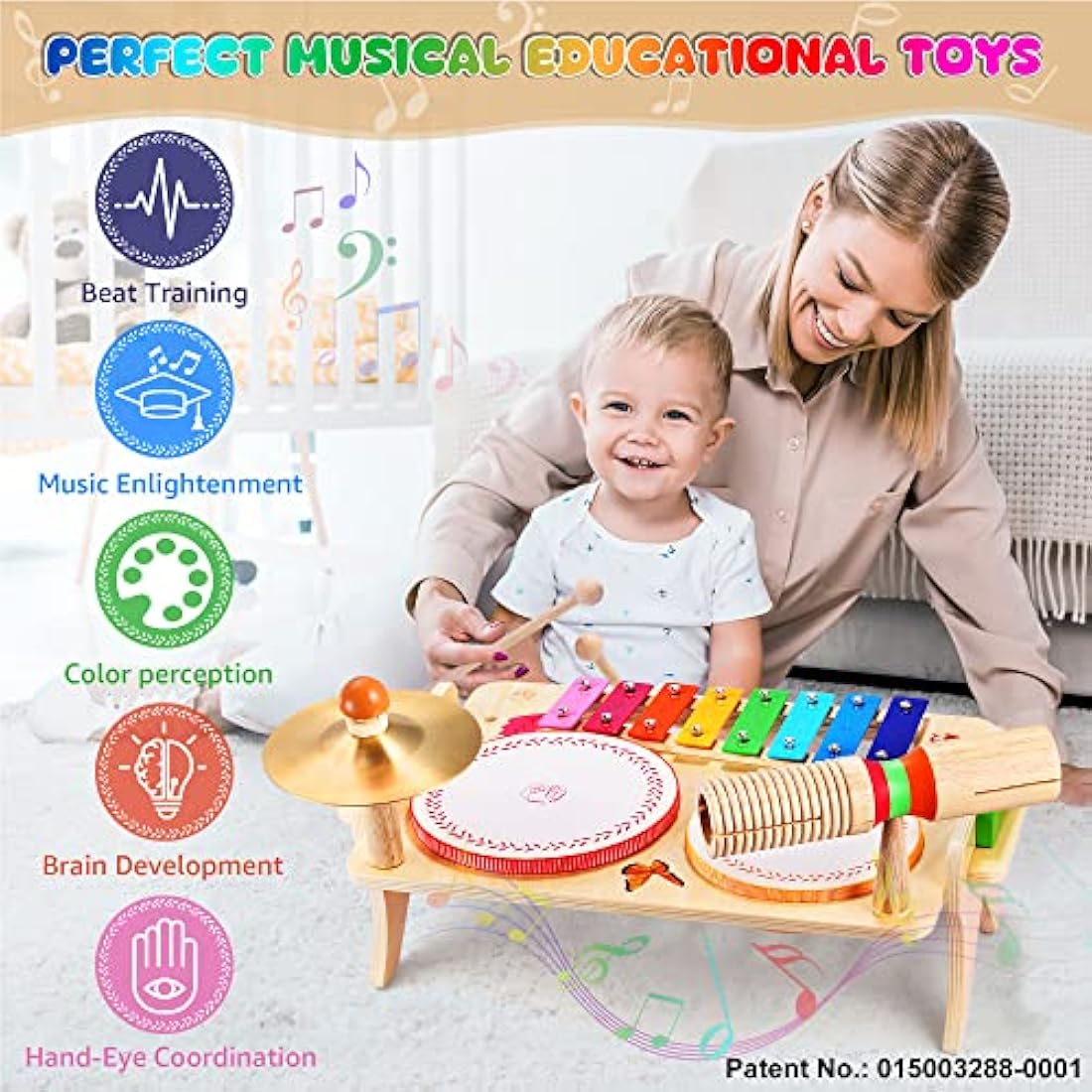 Sweet Time 7-in-1 Wooden Kids Drum Set | Toddler Musical Xylophone Toy