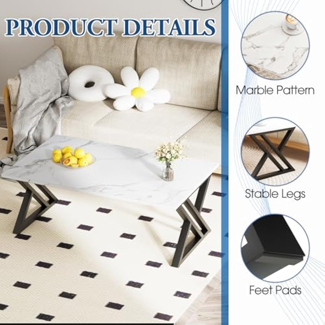 Modern Rectangular Coffee Table | Black Metal Frame, White