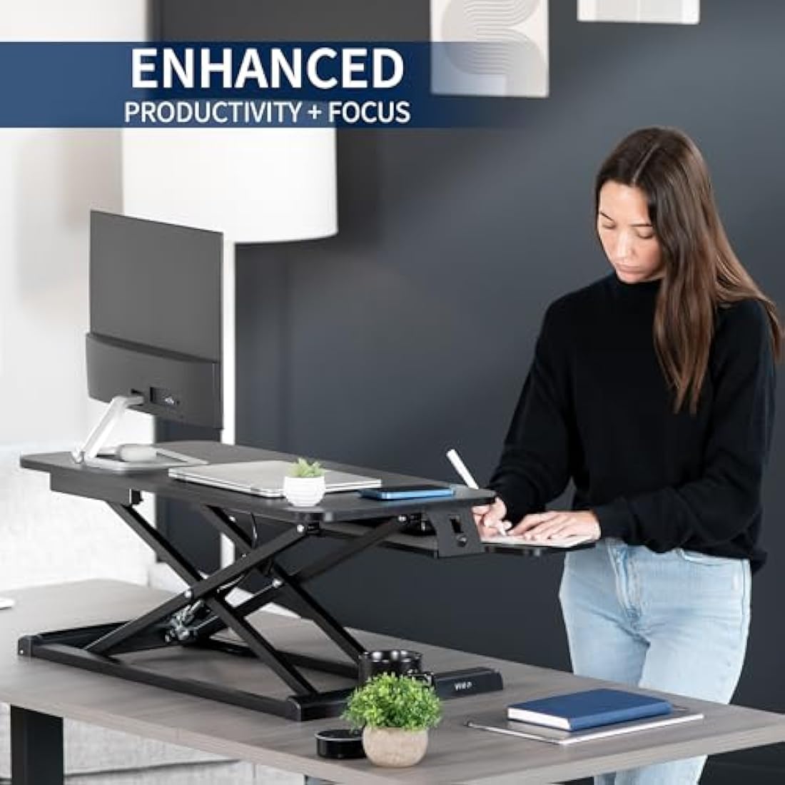 VIVO Standing Desk Converter | Height Adjustable Dual Monitor Riser - Black