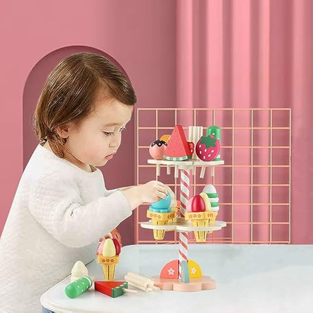 Wooden Ice Cream Stand – Pretend Play Kitchen Food Toy Set