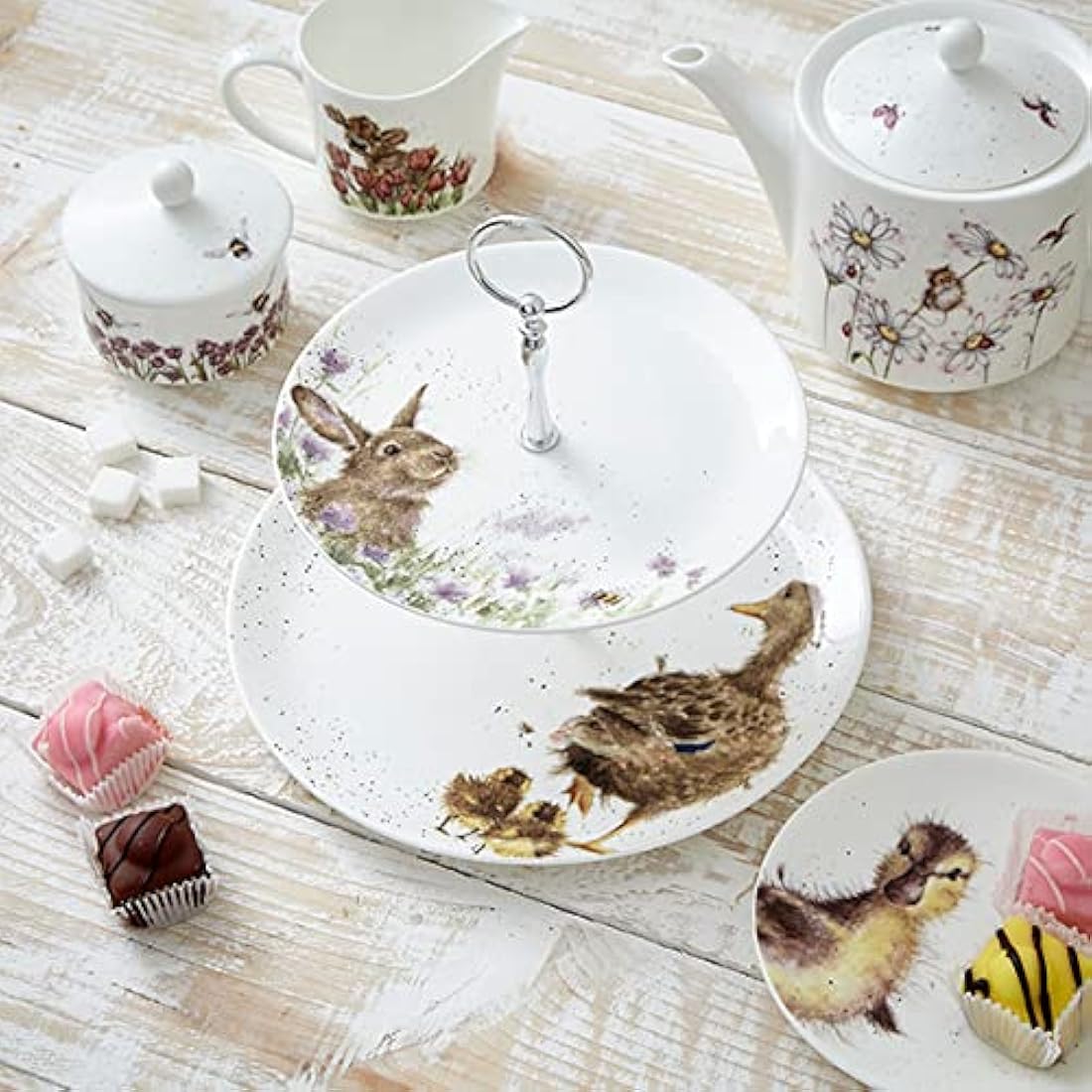 Wrendale Designs 2-Tiered Ceramic Cake Stand | Duck & Bunny Floral