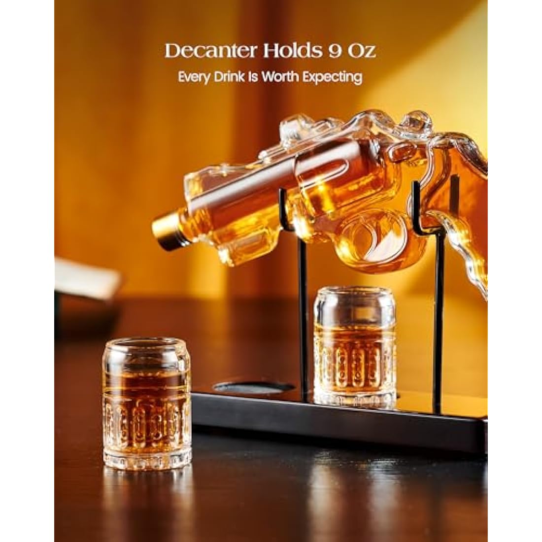 Kollea Gun Whiskey Decanter Set - 9oz Glass Revolver with 2 Shot Glasses