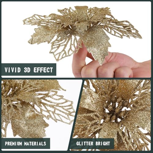 Jolof Store 12pcs Glitter Poinsettia Artificial Christmas Flowers – Gold