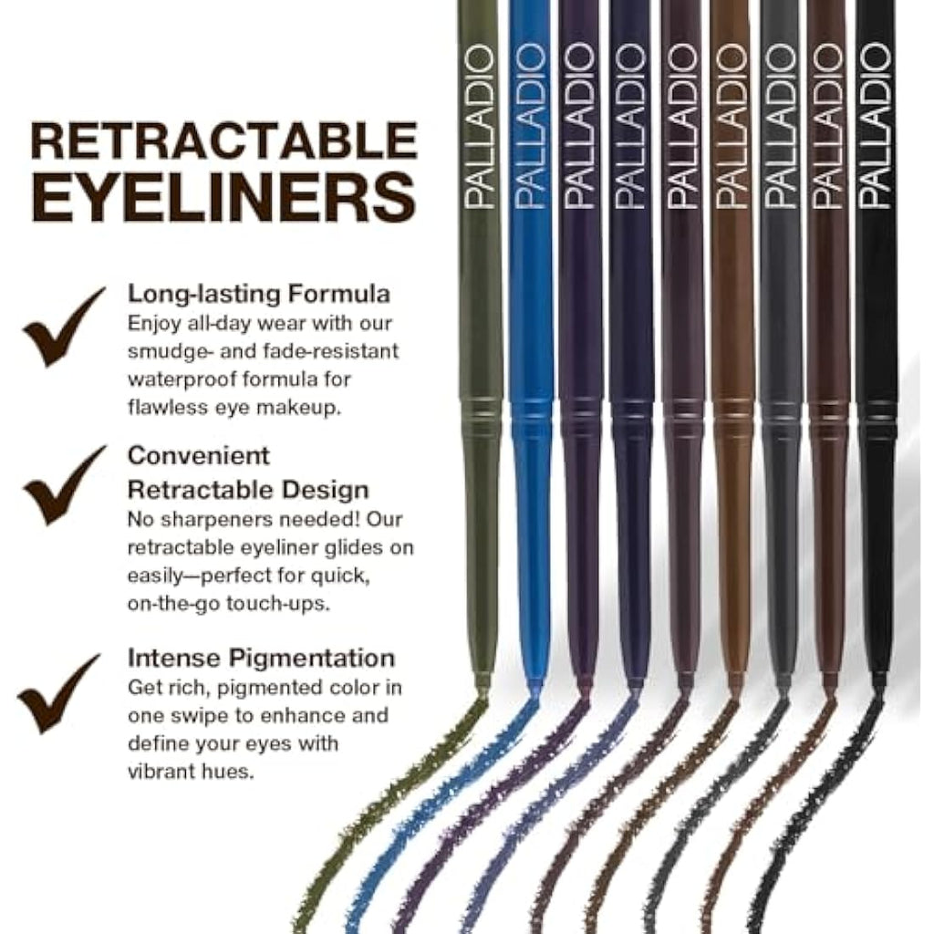 Palladio Waterproof Retractable Eyeliner – Pure Black Long-Wear 21g