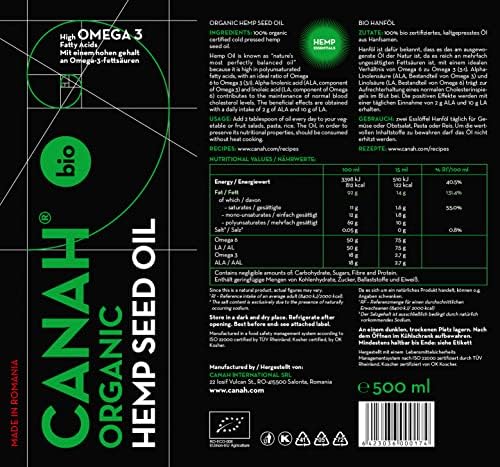 Canah Organic Hemp Seed Oil – 500ml Cold Pressed Unrefined Vegan