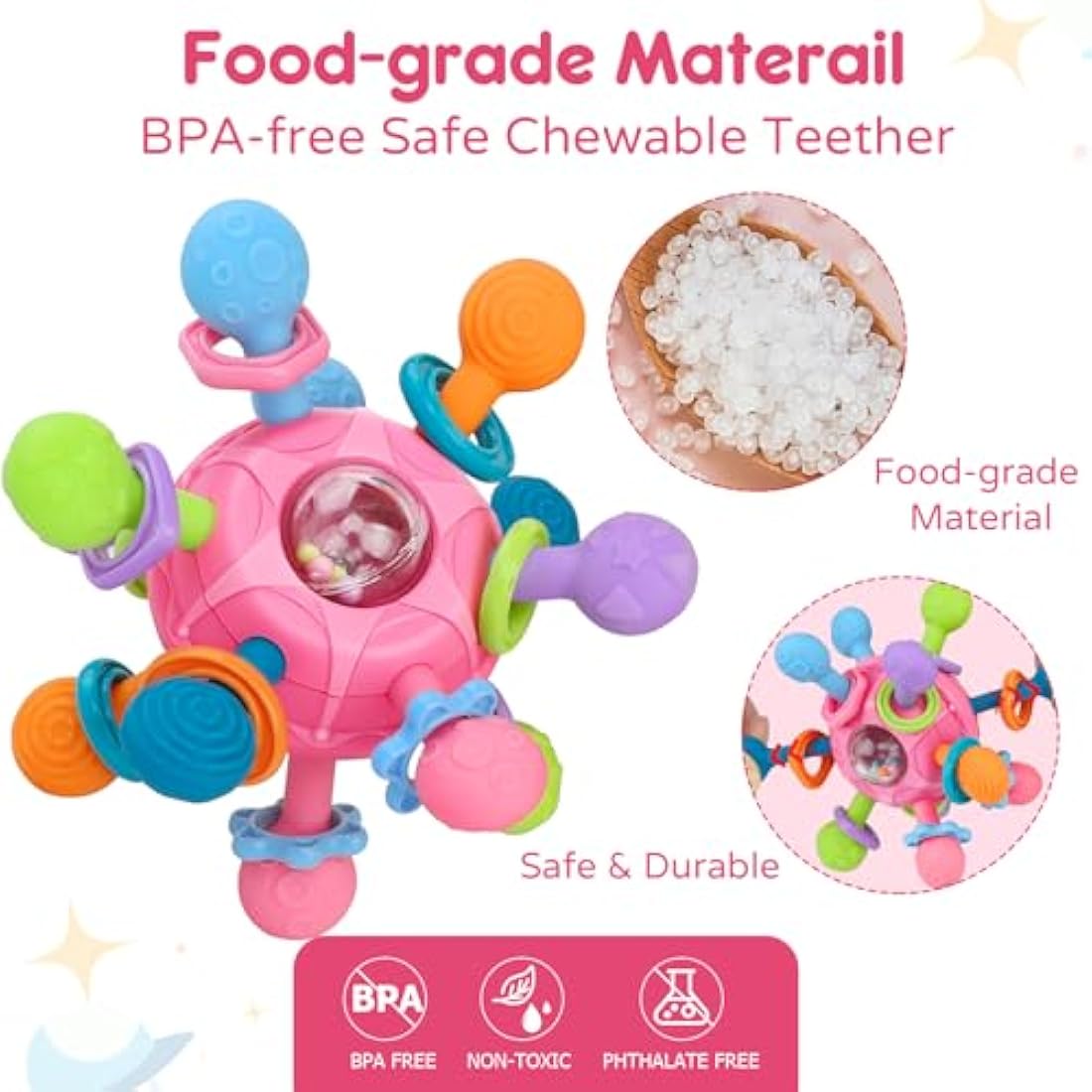 Baby Sensory Rattle & Teether Toy – Montessori Silicone Pink