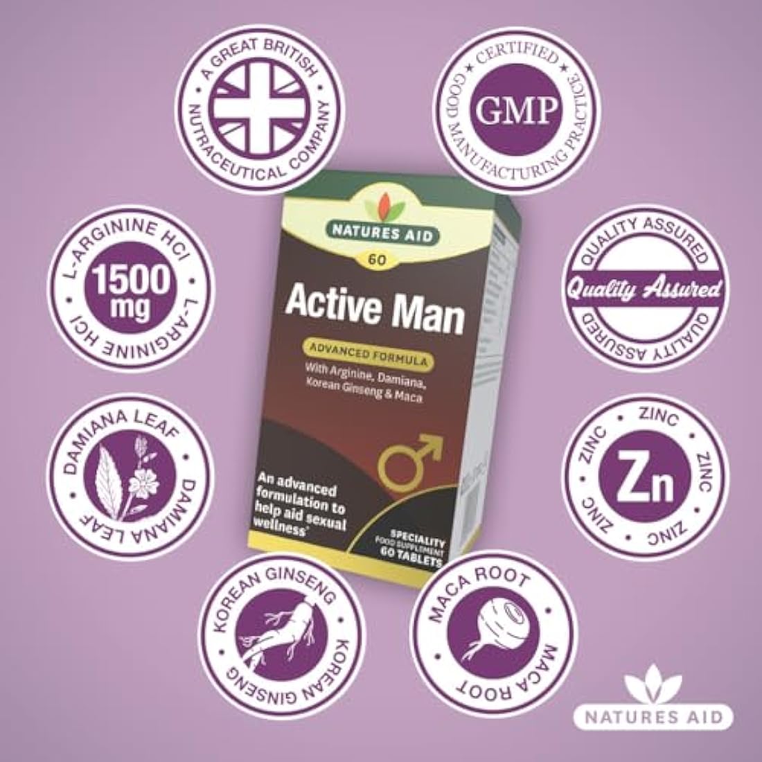 Natures Aid Active Man Supplement – Zinc, Maca & Ginseng – 60 Tablets