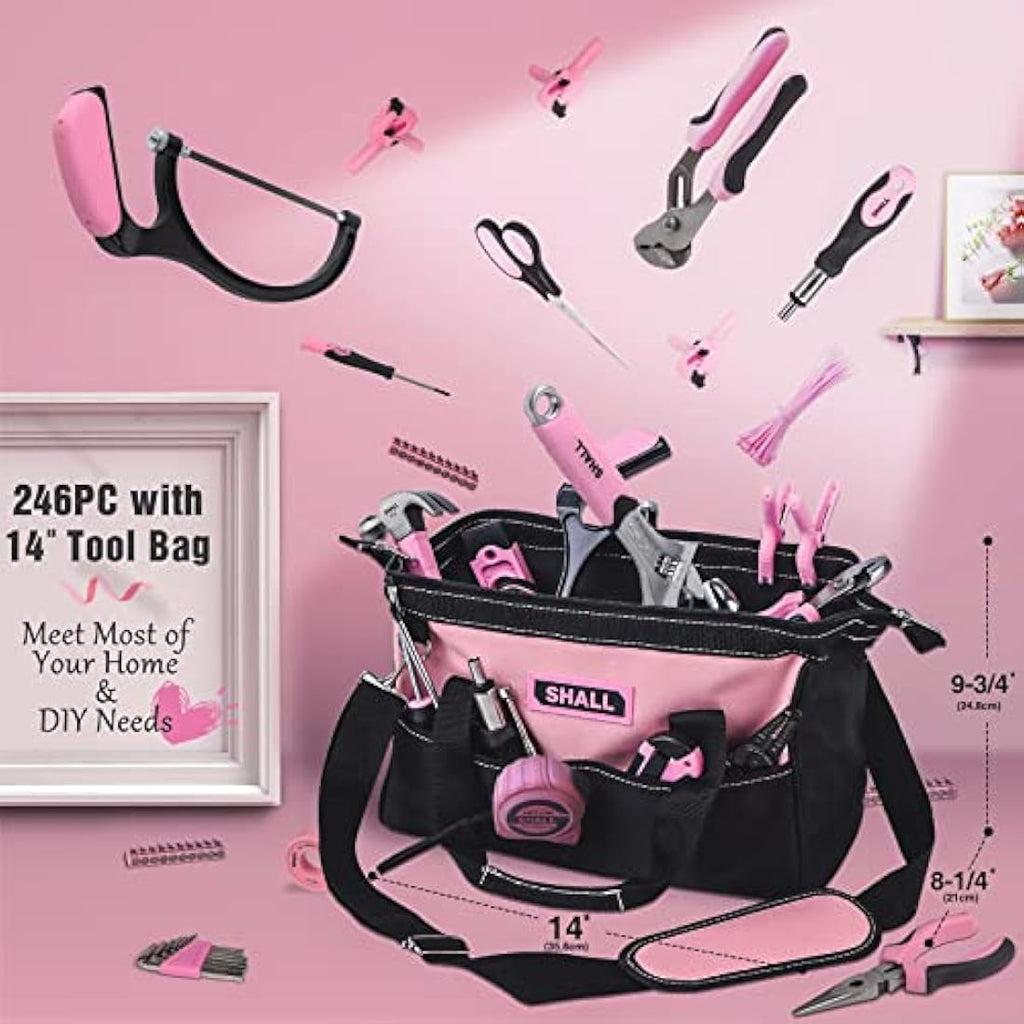 SHALL Pink Tool Set | 246-Piece Home Tool Kit for Women with 14" Bag