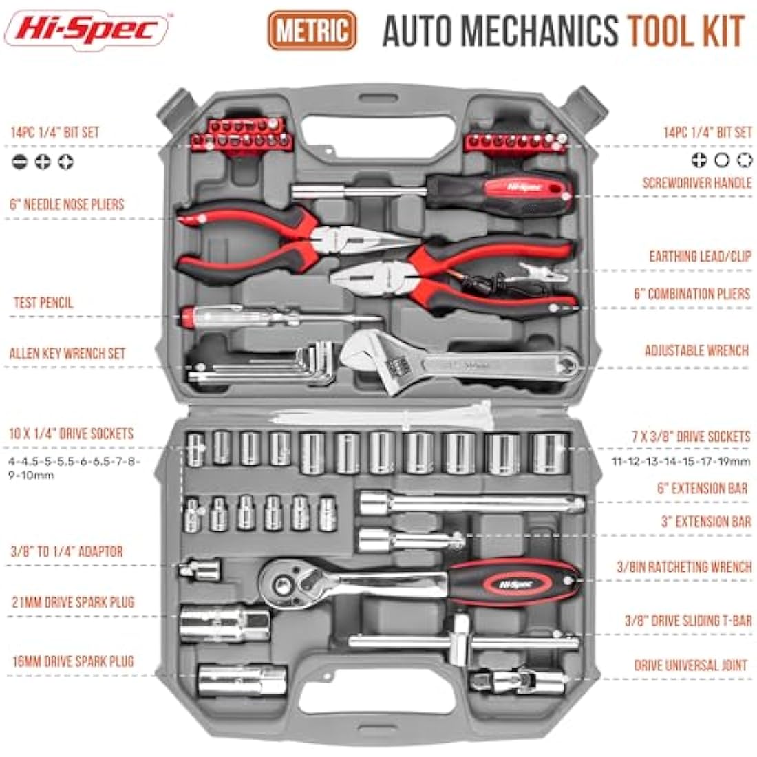 Hi-Spec 67pc Car Repair Tool Kit | Mechanics Socket Set with Toolbox