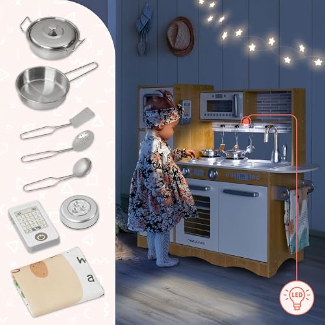Wooden Play Kitchen for Kids with LED Lights – Natural Wood