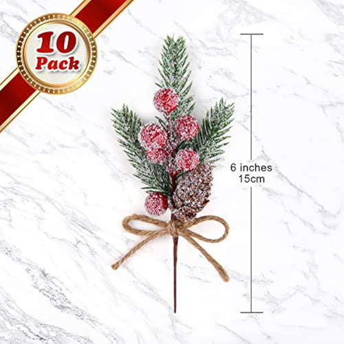 Jolof Store 10 Pcs Artificial Pine Picks with Red Berries & Pine Cones