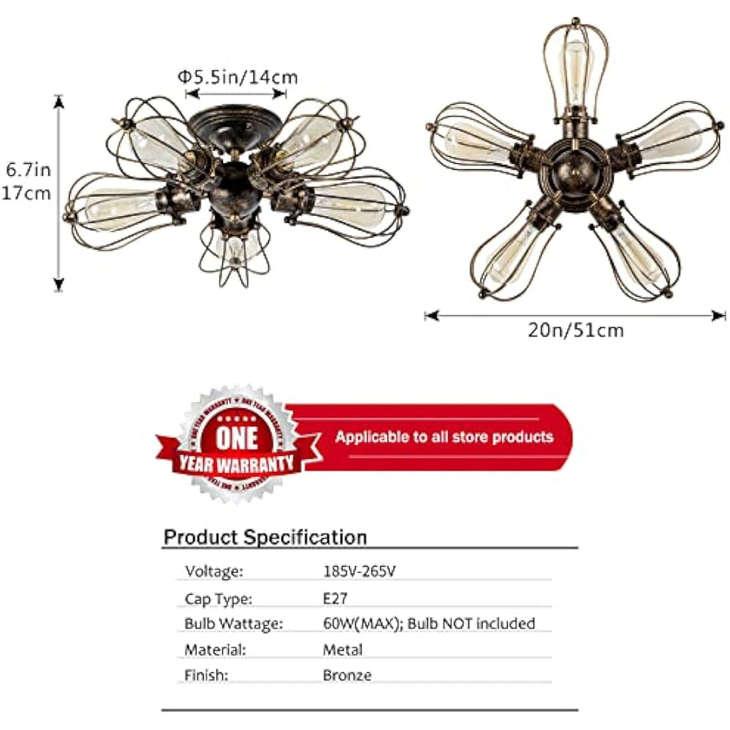 LULING Vintage Industrial Ceiling Light | 5-Light Bronze Wire Cage Lamp