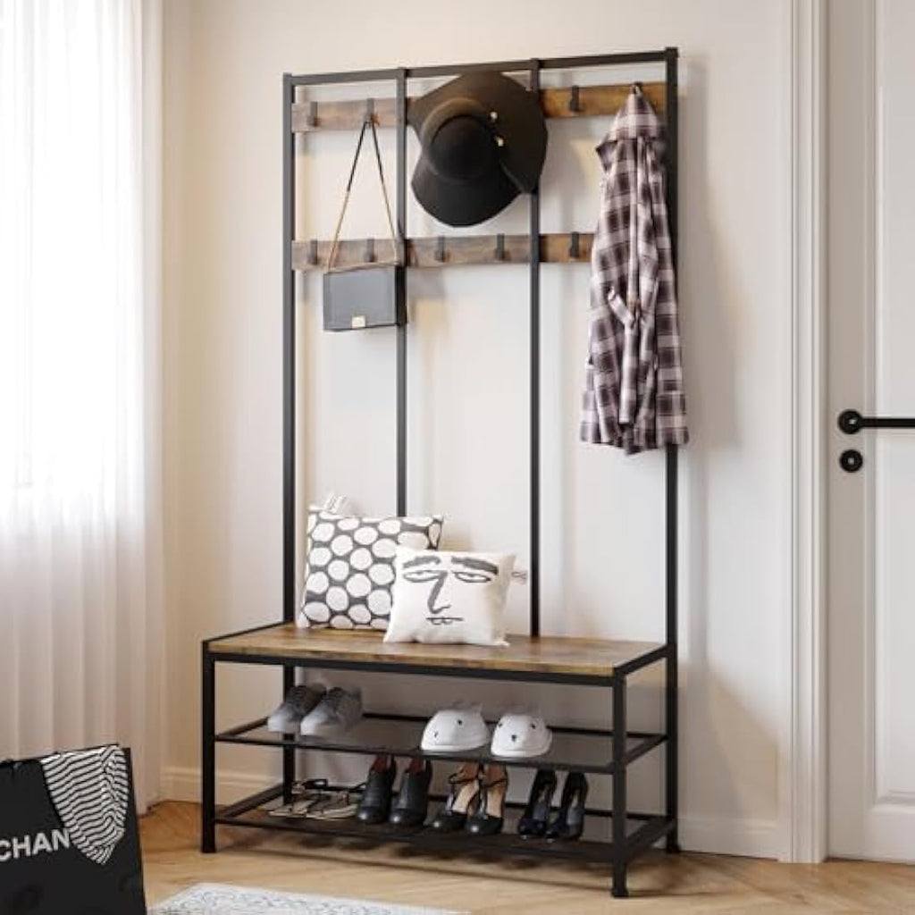 Dripex Industrial Hall Tree Coat Rack with Shoe Bench and 12 Hooks
