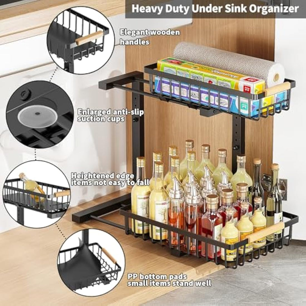 ROLIZOE Under Sink Storage - 2 Tier Height Adjustable Sliding Organiser